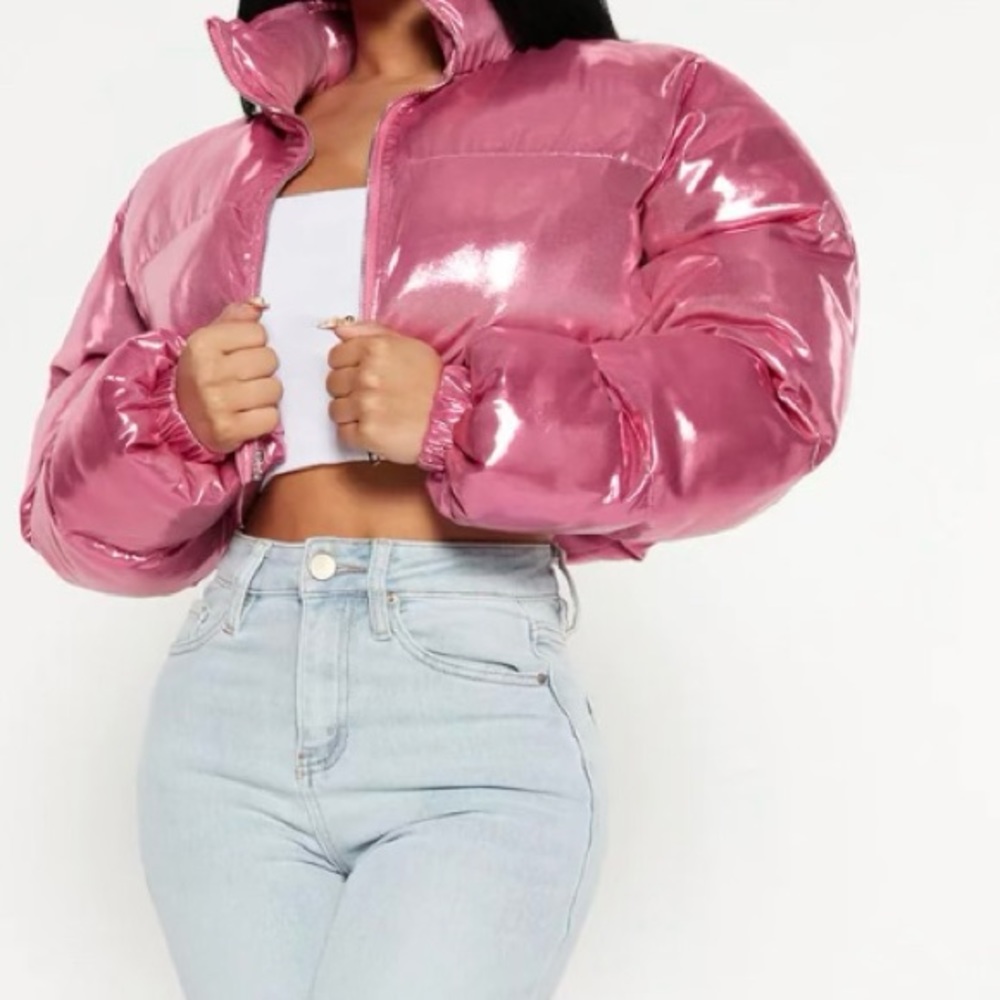 FashionNova cause a scene cropped puffer jacket in pink